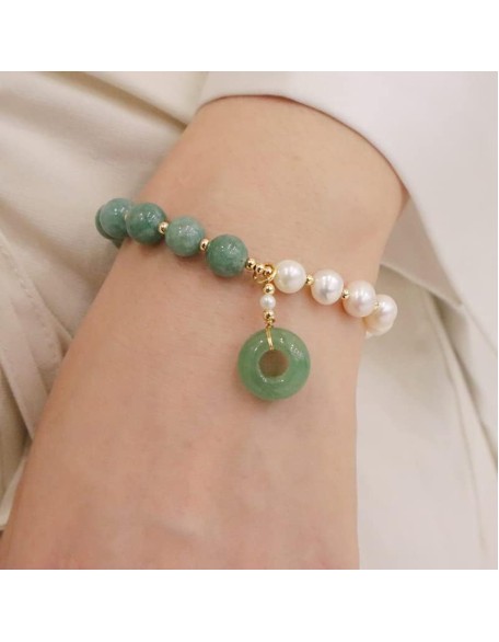 14K Gold Jade Pearl Bracelet, Pearl Beaded Stretch Bracelet