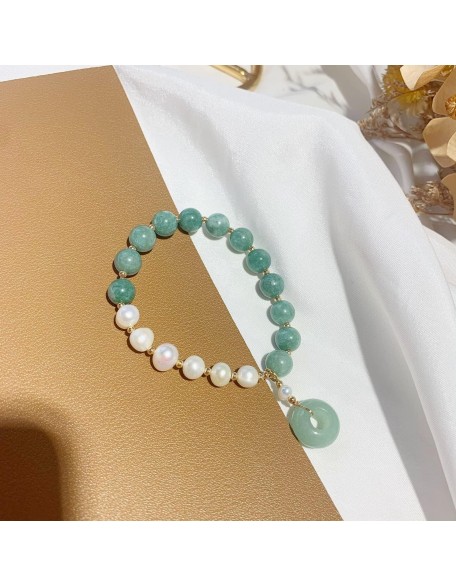 14K Gold Jade Pearl Bracelet, Pearl Beaded Stretch Bracelet