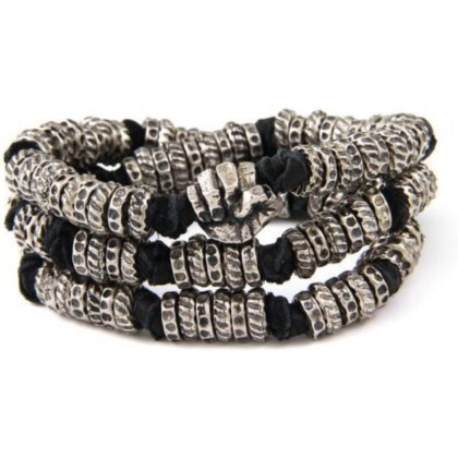 Men's Bracelets. Mens Black Leather and Silver Colored Donut Beads Wrap Around Bracelet