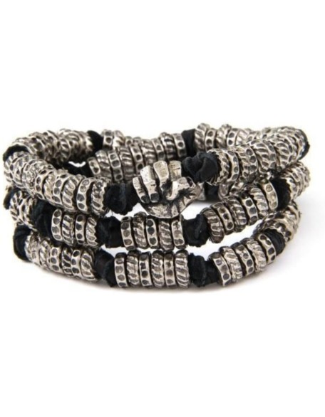 Men's Bracelets. Mens Black Leather and Silver Colored Donut Beads Wrap Around Bracelet