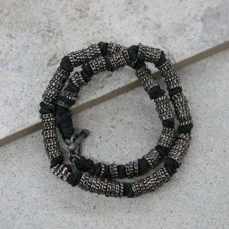 Men's Bracelets. Mens Black Leather and Silver Colored Donut Beads Wrap Around Bracelet