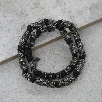 Men's Bracelets. Mens Black Leather and Silver Colored Donut Beads Wrap Around Bracelet