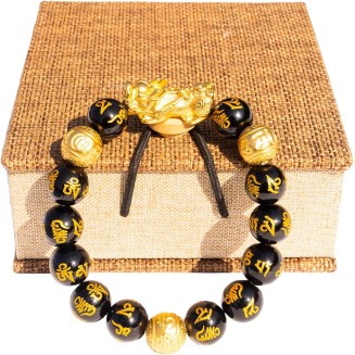 Feng Shui Bracelet Obsidian Bracelet, 24k Gold Plated Pixiu Bracelet Dragon Protection for Men Women