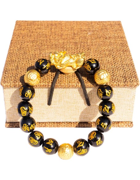 Feng Shui Bracelet Obsidian Bracelet, 24k Gold Plated Pixiu Bracelet Dragon Protection for Men Women