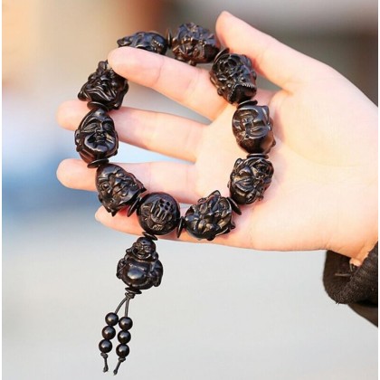 Bracelets,gifts for her,Ebony Wood Carved Arhats Head Beads Bracelet Buddha Prayer