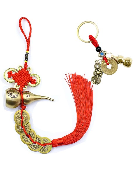 1PCS Chinese New Year Lucky Coins Charm Gourd Chinese Knot Tassel and 1PCS Feng Shui Key Chains Gourd with PIXIU Coin, Hanging Tassel Pendant Bring Luck Healt Wealth