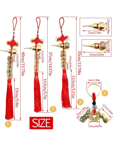 1PCS Chinese New Year Lucky Coins Charm Gourd Chinese Knot Tassel and 1PCS Feng Shui Key Chains Gourd with PIXIU Coin, Hanging Tassel Pendant Bring Luck Healt Wealth