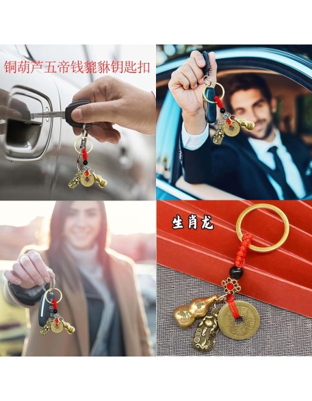 1PCS Chinese New Year Lucky Coins Charm Gourd Chinese Knot Tassel and 1PCS Feng Shui Key Chains Gourd with PIXIU Coin, Hanging Tassel Pendant Bring Luck Healt Wealth