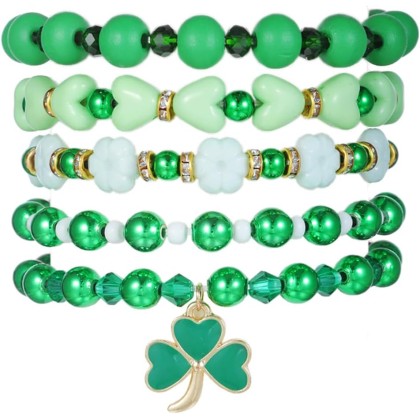 Cute Wooden Beads Bracelet Set Handmade Dwarf Hat Irish Shamrock Wooden Green Clover Strecth Bracelets