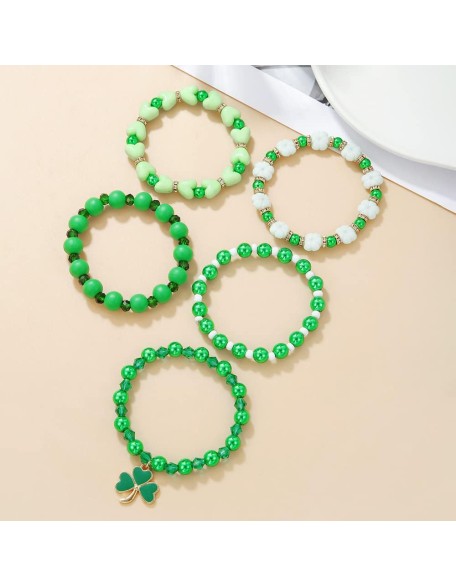 Cute Wooden Beads Bracelet Set Handmade Dwarf Hat Irish Shamrock Wooden Green Clover Strecth Bracelets