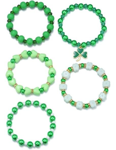 Cute Wooden Beads Bracelet Set Handmade Dwarf Hat Irish Shamrock Wooden Green Clover Strecth Bracelets