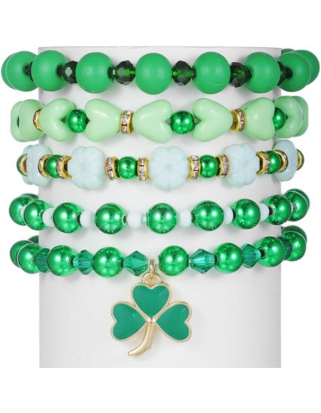 Cute Wooden Beads Bracelet Set Handmade Dwarf Hat Irish Shamrock Wooden Green Clover Strecth Bracelets