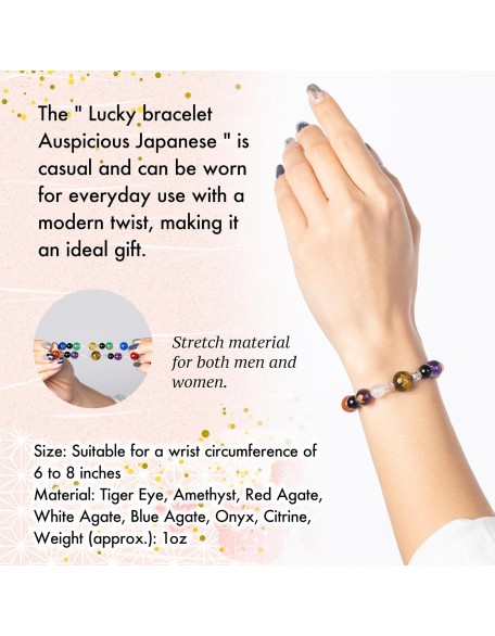 Lucky bracelet Auspicious Japanese Kanji traditional cool stretch powerstone Agate Green quartz Amethyst casual gift