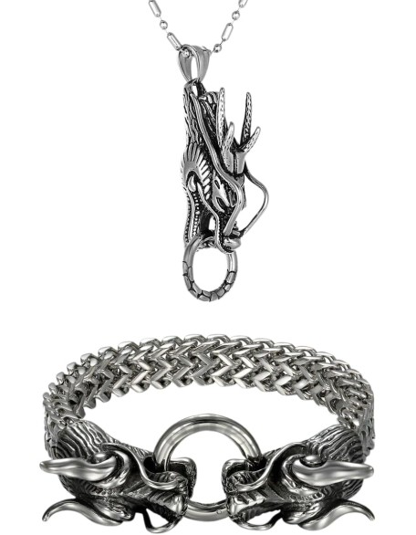 2PCS Men's Stainless Steel Dragon Head Pendant Necklace Heavy Bracelet Unique Delicate Jewelry Accessories