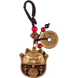 Lucky Cat Charms,Maneki Neko Brass Cat Keychain With Feng Shui Coins,Buddha Statue Kitty Good Luck Charms