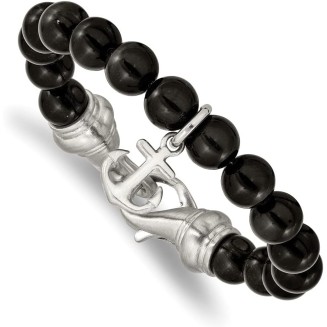 Chisel Stainless Steel Brushed Nautical Ship Mariner Anchor Black Agate Beaded Bracelet