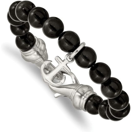 Chisel Stainless Steel Brushed Nautical Ship Mariner Anchor Black Agate Beaded Bracelet