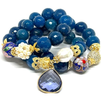 Blue Agate Gemstone Beaded Bracelet Set Of 3 Pieces