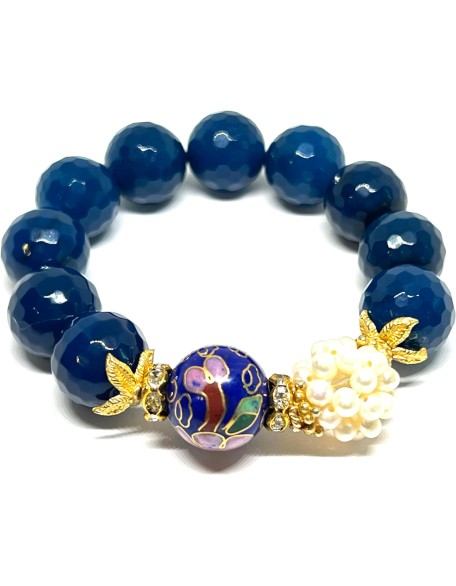 Blue Agate Gemstone Beaded Bracelet Set Of 3 Pieces